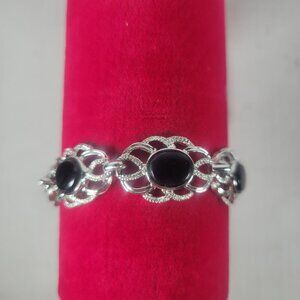 Vintage Sarah Coventry Feminine Classic Silver-Tone Black Cabochon Bracelet